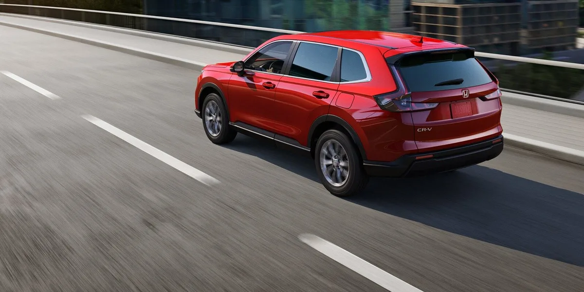 2027 Honda CR-V in Radiant Red Metallic, rear three-quarter view