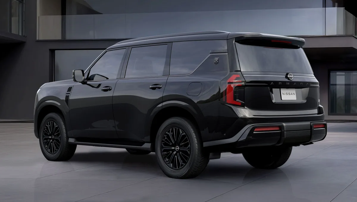 Nissan Armada in black, rear three-quarter view